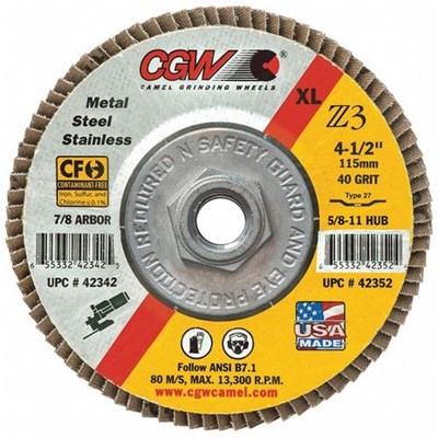 CGW CAMEL GRINDING WHEELS 4-1/2 in x 7/8 in 40 Grit, Premium Z3 Flap Wheel 42342
