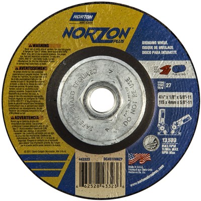 NORTON 4-1/2 in x 1/8 in x 5/8-11 in Norzon Plus Wheel, 10 per Box 43323