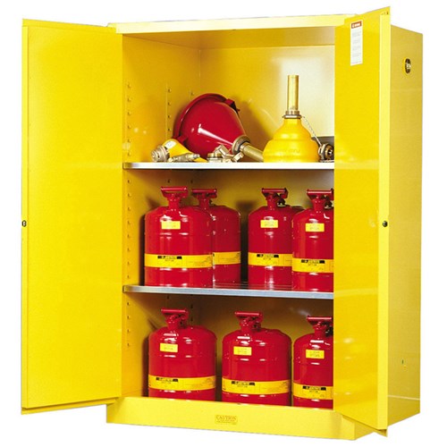 JUSTRITE 90 Gallon Fire Cabinet, 2 Shelves, 2 Doors, Manual Close, Yellow 899000
