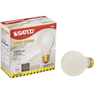 SATCO 100 Watt Incandescent A19 Bulbs, Frost, 2 Pack RS100-SR