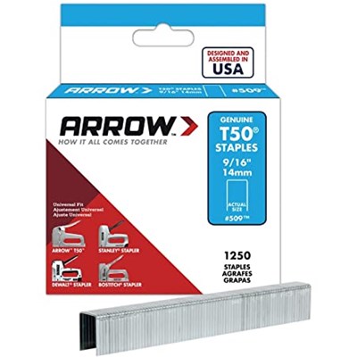 ARROW 9/16 in T50® Staples, 1250 per Box S50016